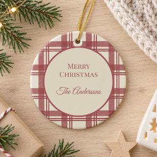 Ivory Cream Red Vintage Tartan Plaid Christmas Ceramic Tree Decoration
