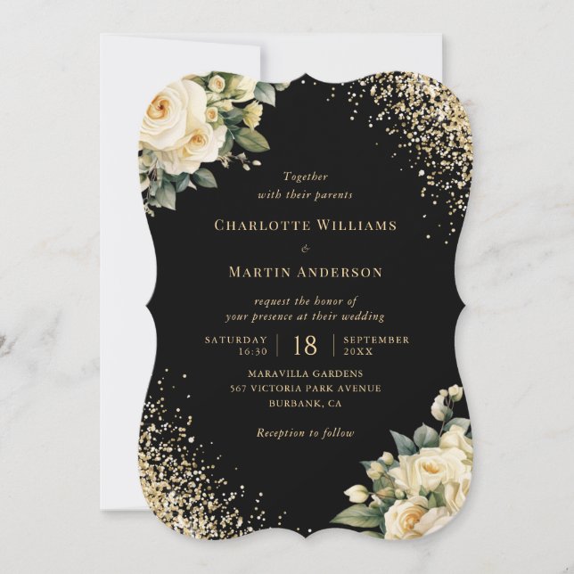 Ivory Cream Rose Black Gold Floral Wedding Invitation (Front)