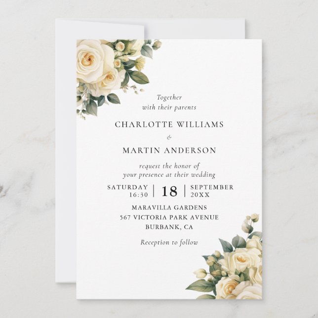 Ivory Cream Rose Floral Wedding Invitation (Front)