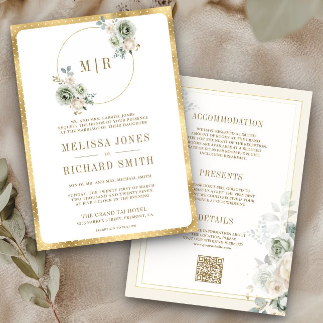 Ivory Cream Sage Green Floral All in One Wedding Invitation (Creator Uploaded)