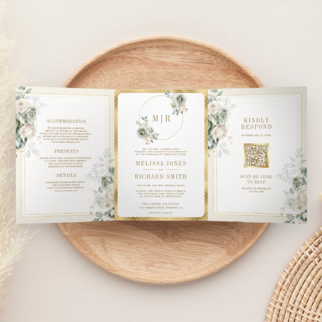 Ivory Cream Sage Green Floral All in One Wedding Tri-Fold Invitation (Creator Uploaded)