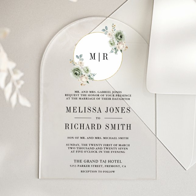 Ivory Cream Sage Green Floral Wedding Acrylic Invitations (Creator Uploaded)
