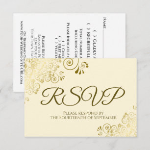 Ivory Cream with Elegant Gold Lace Frilly Wedding RSVP Card