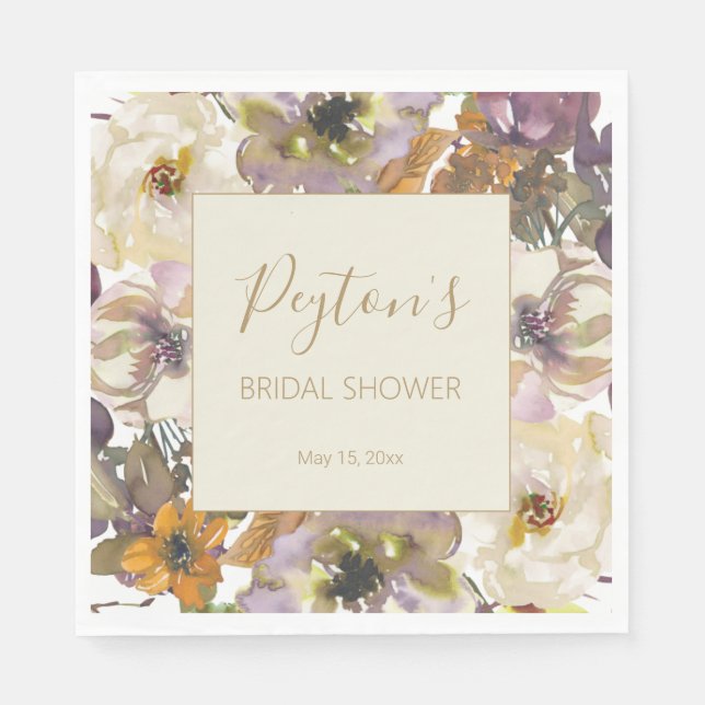 Ivory Cream Yellow Purple Floral Bridal Shower Napkin (Front)