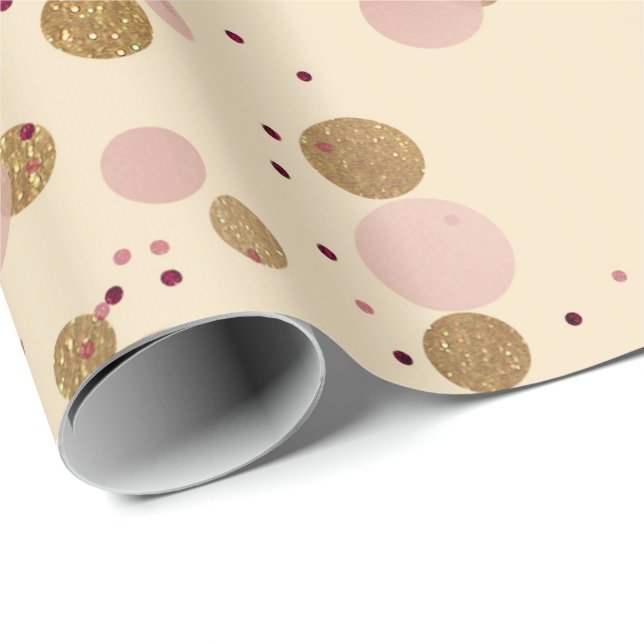 Ivory Creamy Gold Crystals Dots Confetti Pink Wrapping Paper (Roll Corner)