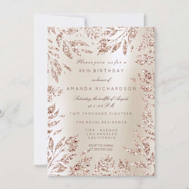 Ivory Creamy Rose Gold Glitter Leafs Floral Frame Invitation (Front)