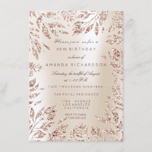 Ivory Creamy Rose Gold Glitter Leafs Floral Frame Invitation