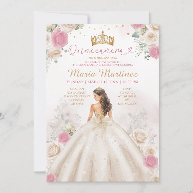 Ivory Creme Princess Dress Dusty Rose Quinceañera Invitation (Front)