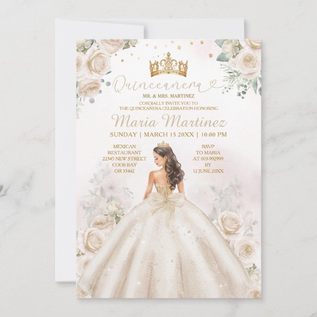 Ivory Creme Princess Dress Gold Crown Quinceañera Invitation (Front)