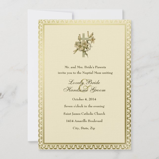 Ivory Cross Lilies Catholic Wedding Invitation (Front)