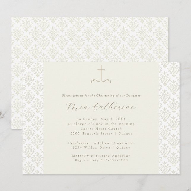Ivory Damask Cream Cross Christening / Baptism Invitation (Front/Back)