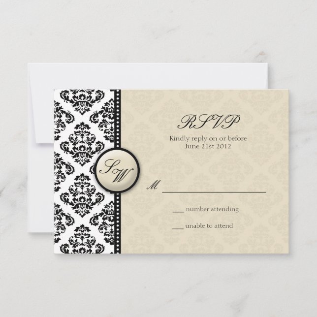 Ivory Damask Monogram Wedding RSVP Card (Front)