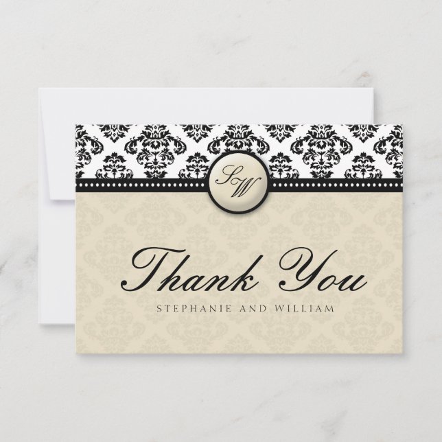 Ivory Damask Monogram Wedding Thank You Card (Front)