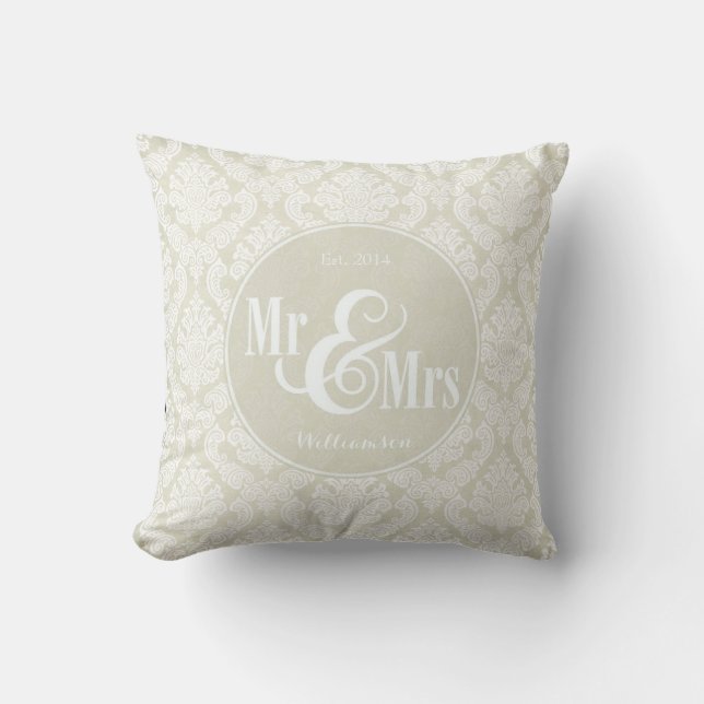 Ivory Damask "Mr & Mrs" pillow, personalised Cushion (Front)