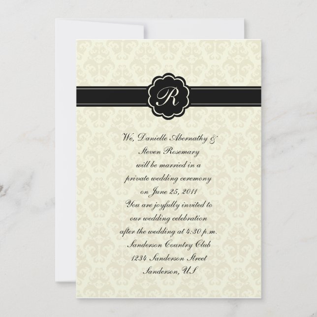 Ivory Damask with Black Monogram Post Wedding Cele Invitation (Front)