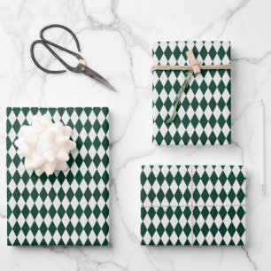 Ivory & Dark Green Harlequin Diamonds Wrapping Paper Sheet