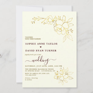 Ivory Deep Burgundy Stripes Gold Floral Wedding Invitation