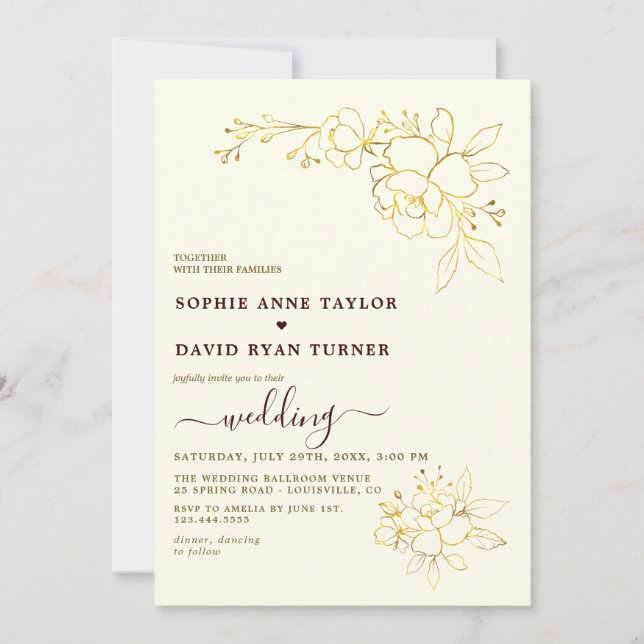 Ivory Deep Burgundy Stripes Gold Floral Wedding Invitation (Front)