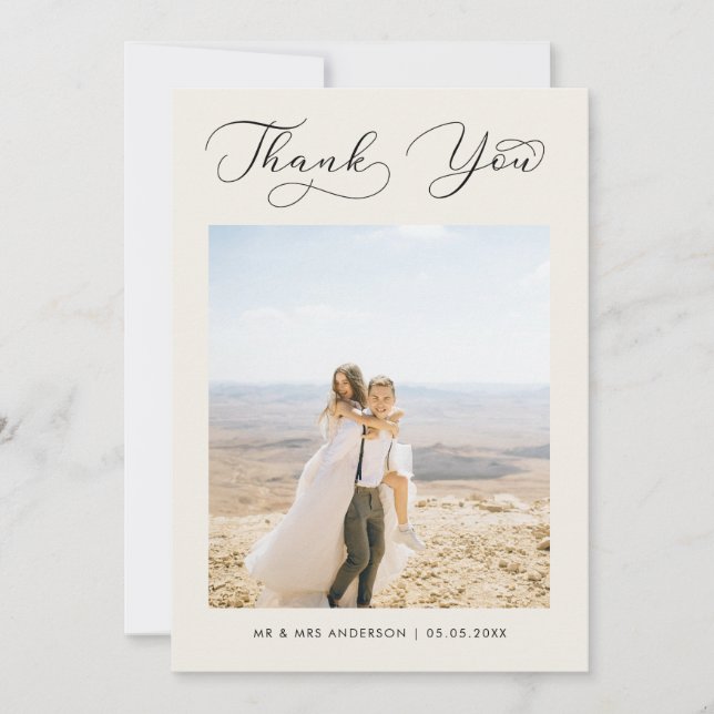 Ivory Delicate Calligraphy Wedding Photo Thank You Card (Front)