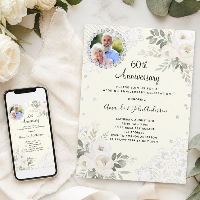 Ivory diamonds florals 60th wedding anniversary invitation (Creator Uploaded)