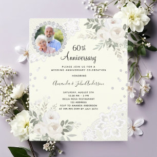 Ivory diamonds florals 60th wedding invitation