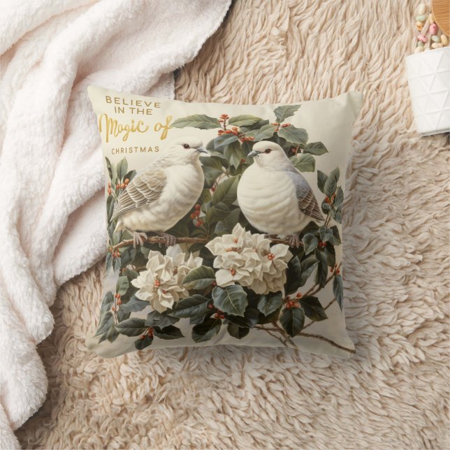 Ivory Doves Christmas Holly Magic Cushion (Blanket)