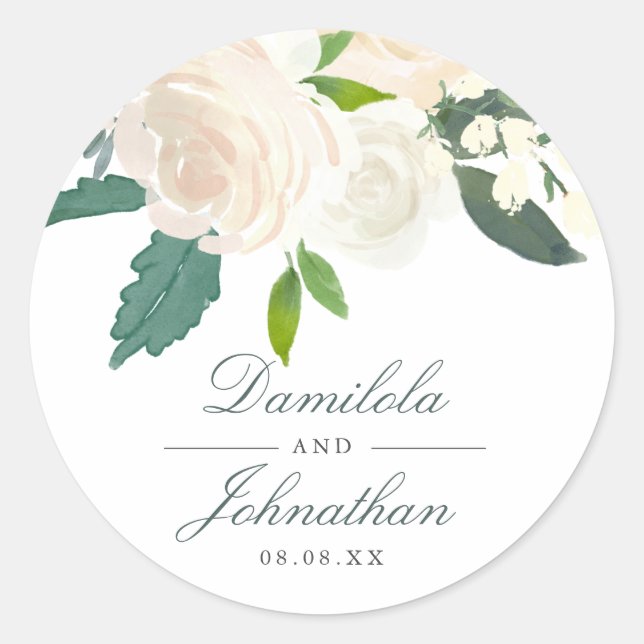 Ivory Dreams Roses & Leaves Wedding Classic Round Sticker (Front)