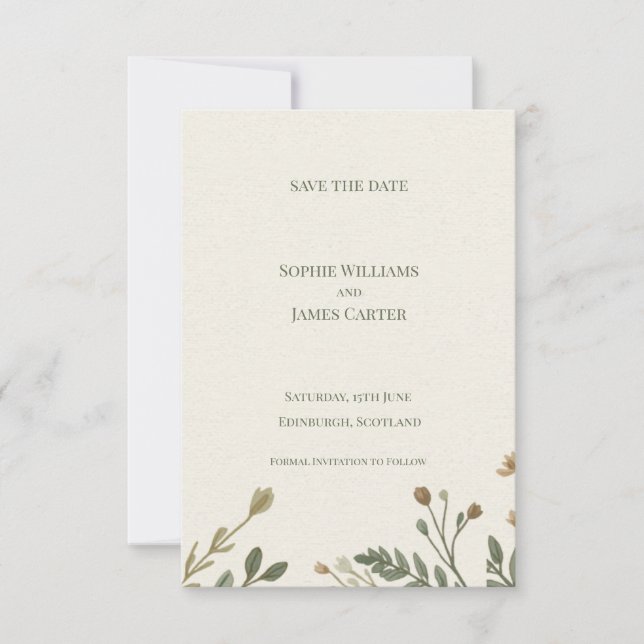Ivory Dried Botanical Sprig Minimal Wedding Save The Date (Front)