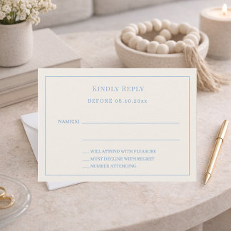 Ivory dusty blue pinstriped wedding response RSVP Card