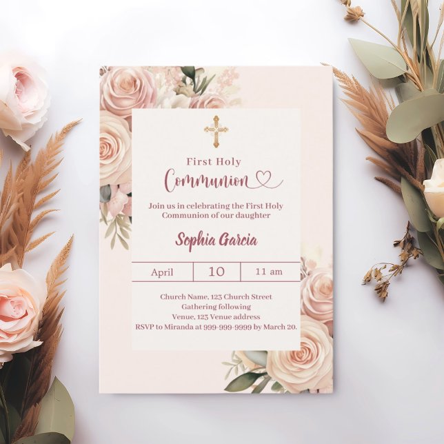 Ivory dusty rose florals First Communion Invitation (Creator Uploaded)