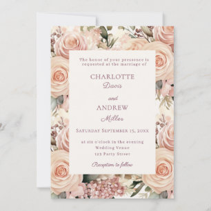 Ivory dusty rose mauve florals wedding invitation