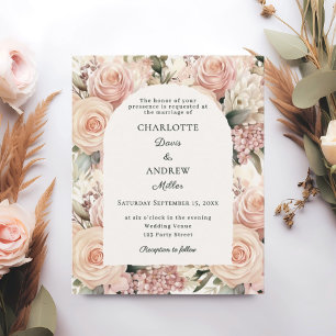 Ivory dusty rose mauve florals wedding invitation
