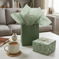 Ivory Ecru Leaves Floral Art Pattern On Sage Green