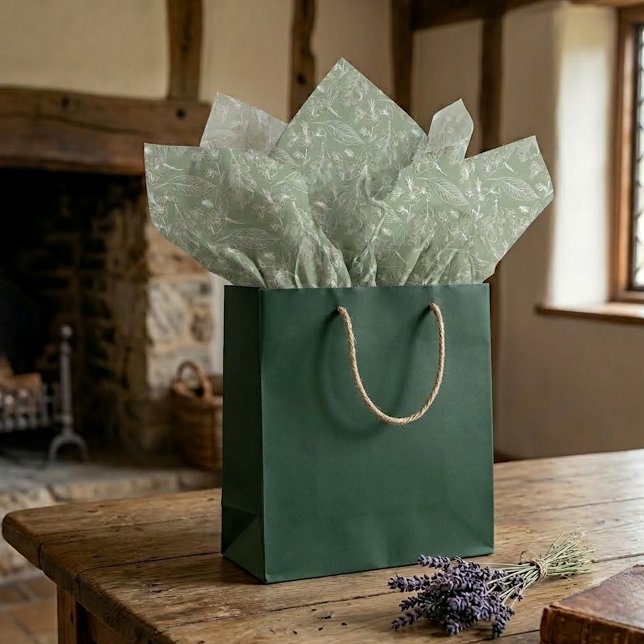 Ivory Ecru Leaves Floral Art Pattern On Sage Green Tissue Paper (Creator Uploaded)