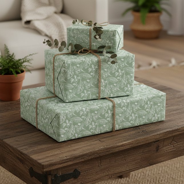 Ivory Ecru Leaves Floral Art Pattern On Sage Green Wrapping Paper (Creator Uploaded)