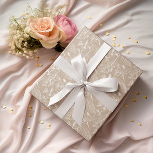 Ivory Ecru Leaves Floral Pattern On Taupe Brown Wrapping Paper