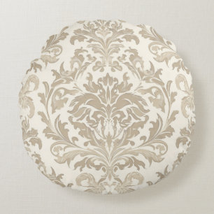 Ivory Elegance Baroque Damask Classic Antique Round Cushion