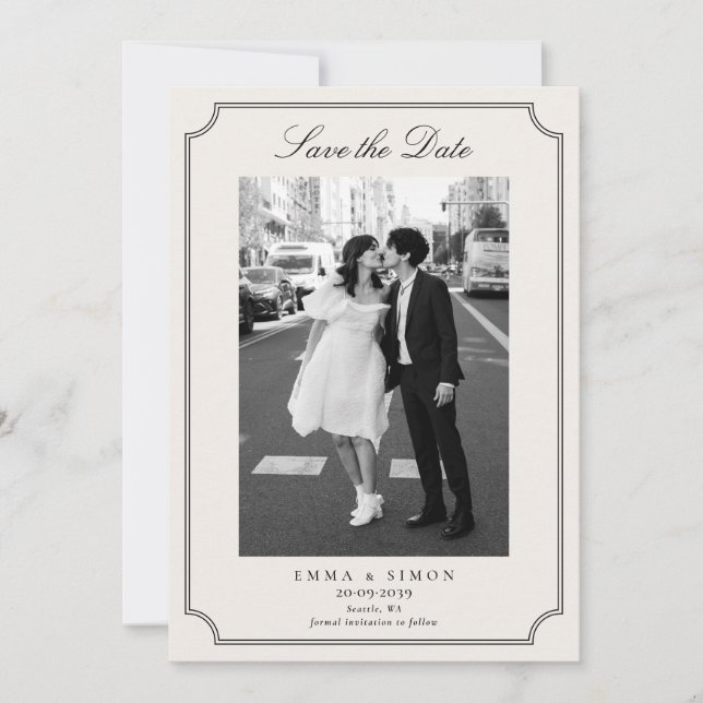 Ivory Elegant Frame Photo Save the Date Thank You Card (Front)