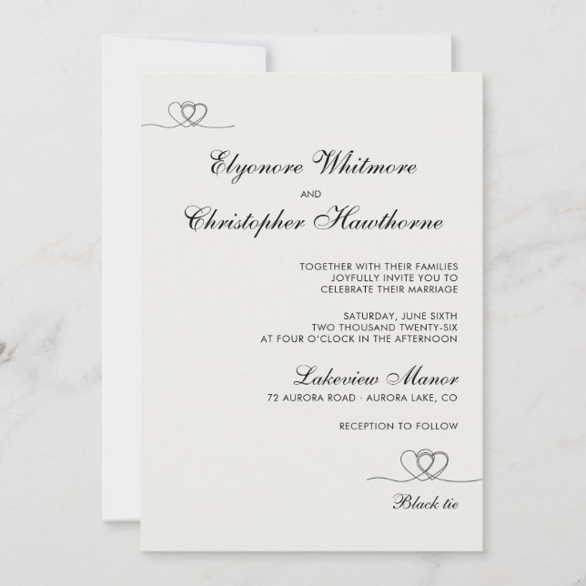 Ivory Elegant Hearts Calligraphy Wedding Invitation (Front)