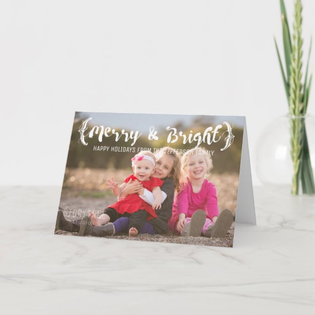 Ivory Elegant Sketched Merry & Bright Photo Holiday Card (Front)