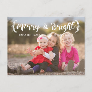 Ivory Elegant Sketched Merry & Bright Photo Holiday Postcard