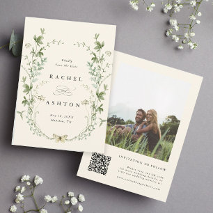 Ivory Elegant Watercolor Wildflower Wedding Photo Save The Date