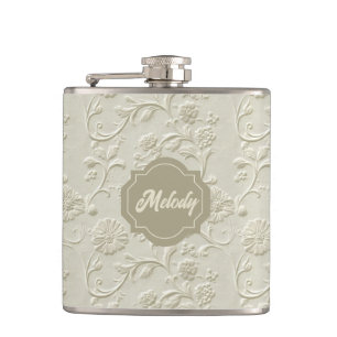 Ivory Embossed Floral Vinyl Wrapped Flask