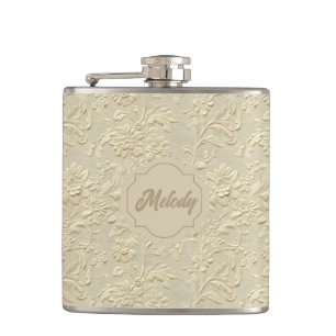 Ivory Embossed Floral Vinyl Wrapped Flask