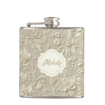 Ivory Embossed Floral Vinyl Wrapped Flask