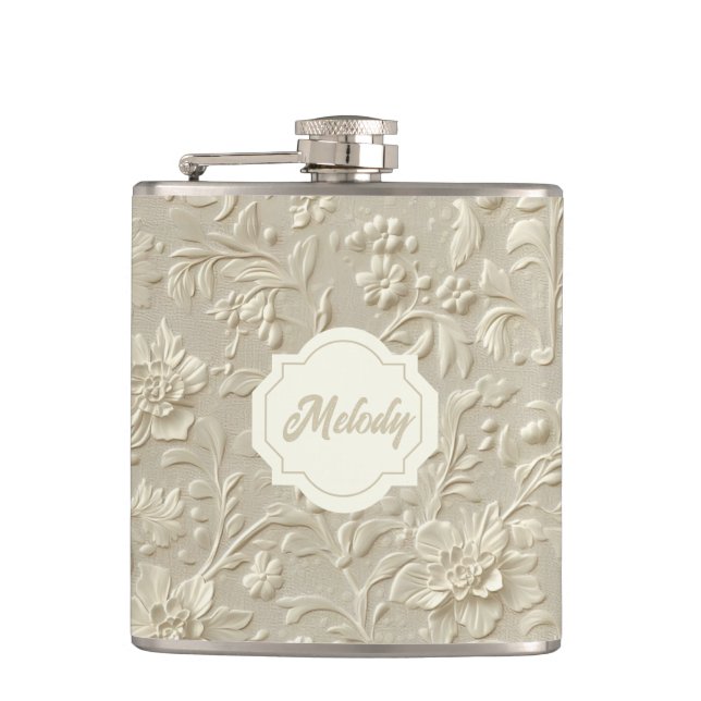 Ivory Embossed Floral Vinyl Wrapped Flask (Front)
