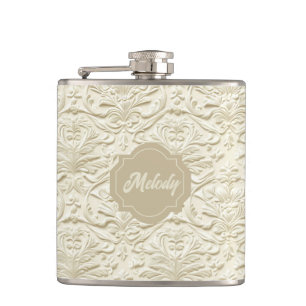 Ivory Embossed Floral Vinyl Wrapped Flask
