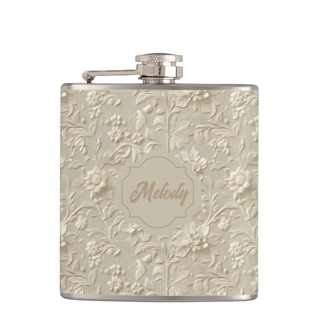 Ivory Embossed Floral Vinyl Wrapped Flask (Front)
