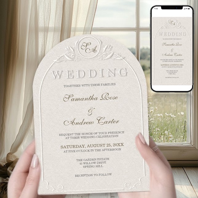 Ivory Embossed Monogram Arch Wedding QR Code Invitation (Creator Uploaded)