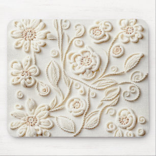 Ivory Embroidered Floral Design Mouse Mat